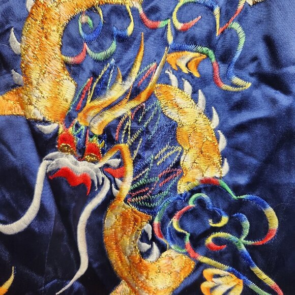 Vintage Asian Silk Kimono Robe Embroidered Dragon Blue Long Size Medium - Picture 5 of 9